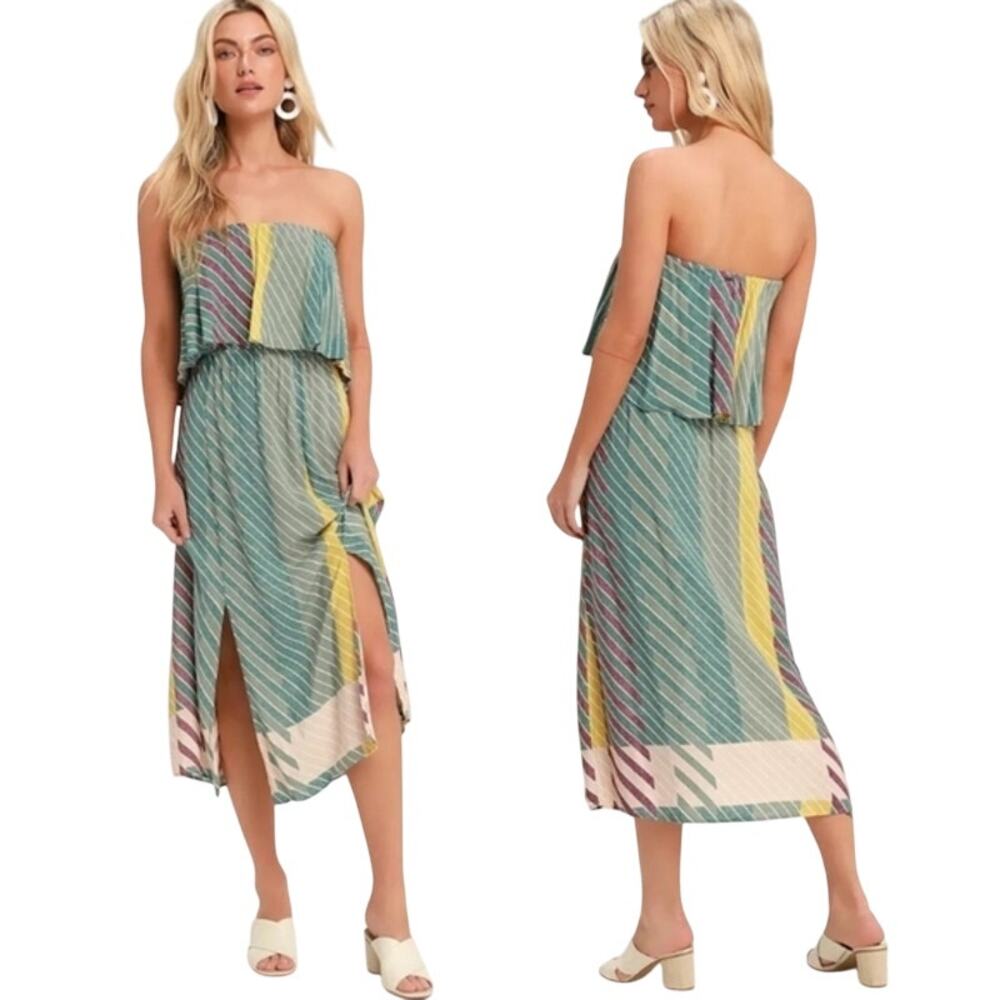 O'Neill Koi Sage Green Multi Striped Strapless Midi Dress Size Small